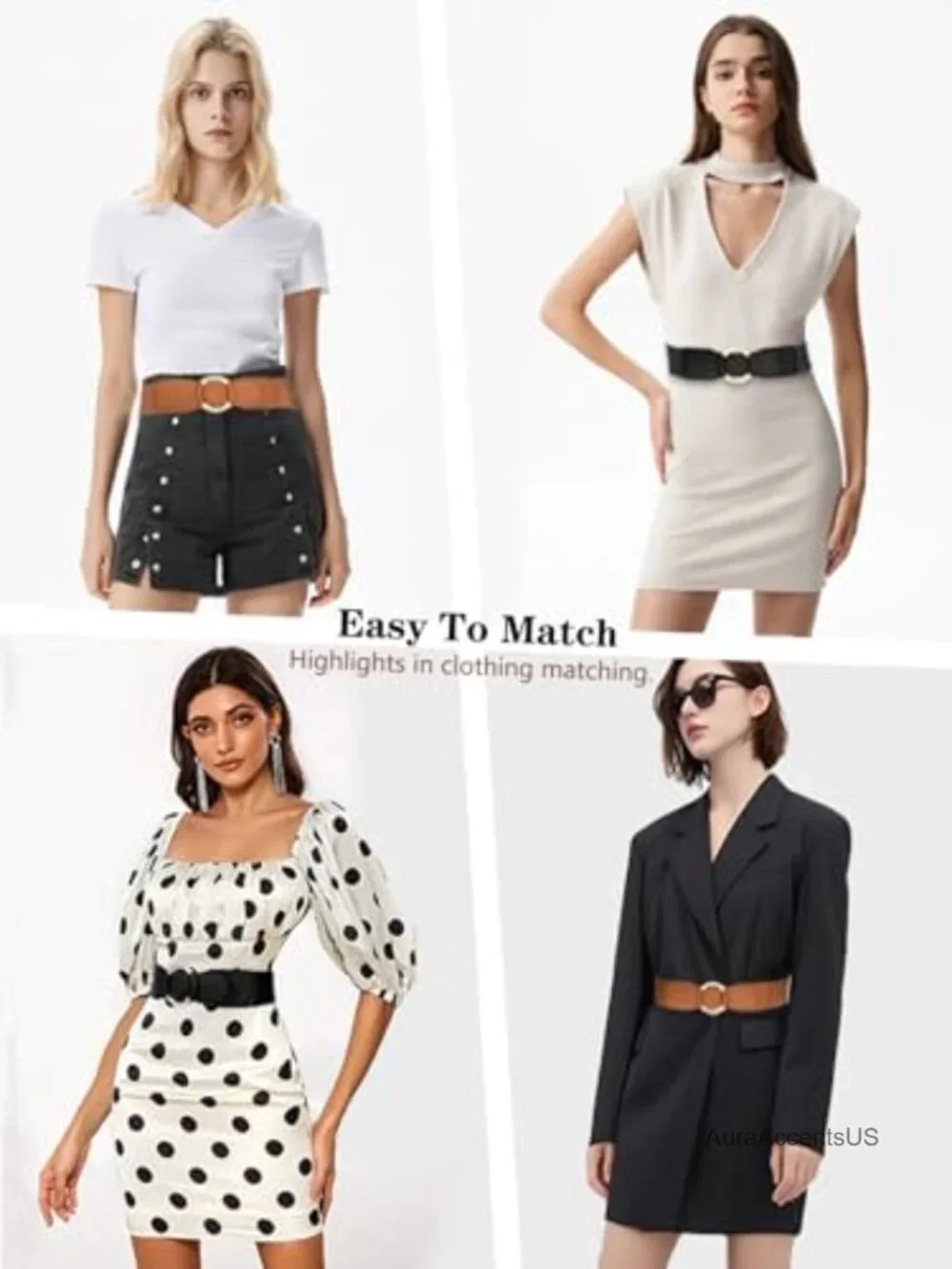 Women Elastic Stretch Belt Faux Leather Retro Circle Buckle